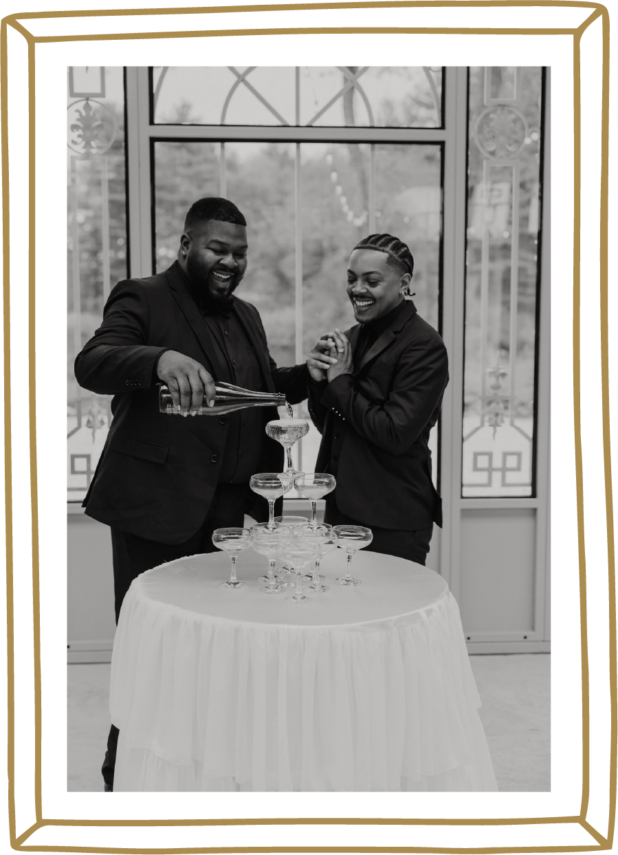 Wedding couple champagne tower Hudson Valley luxury wedding management Service Matters North East