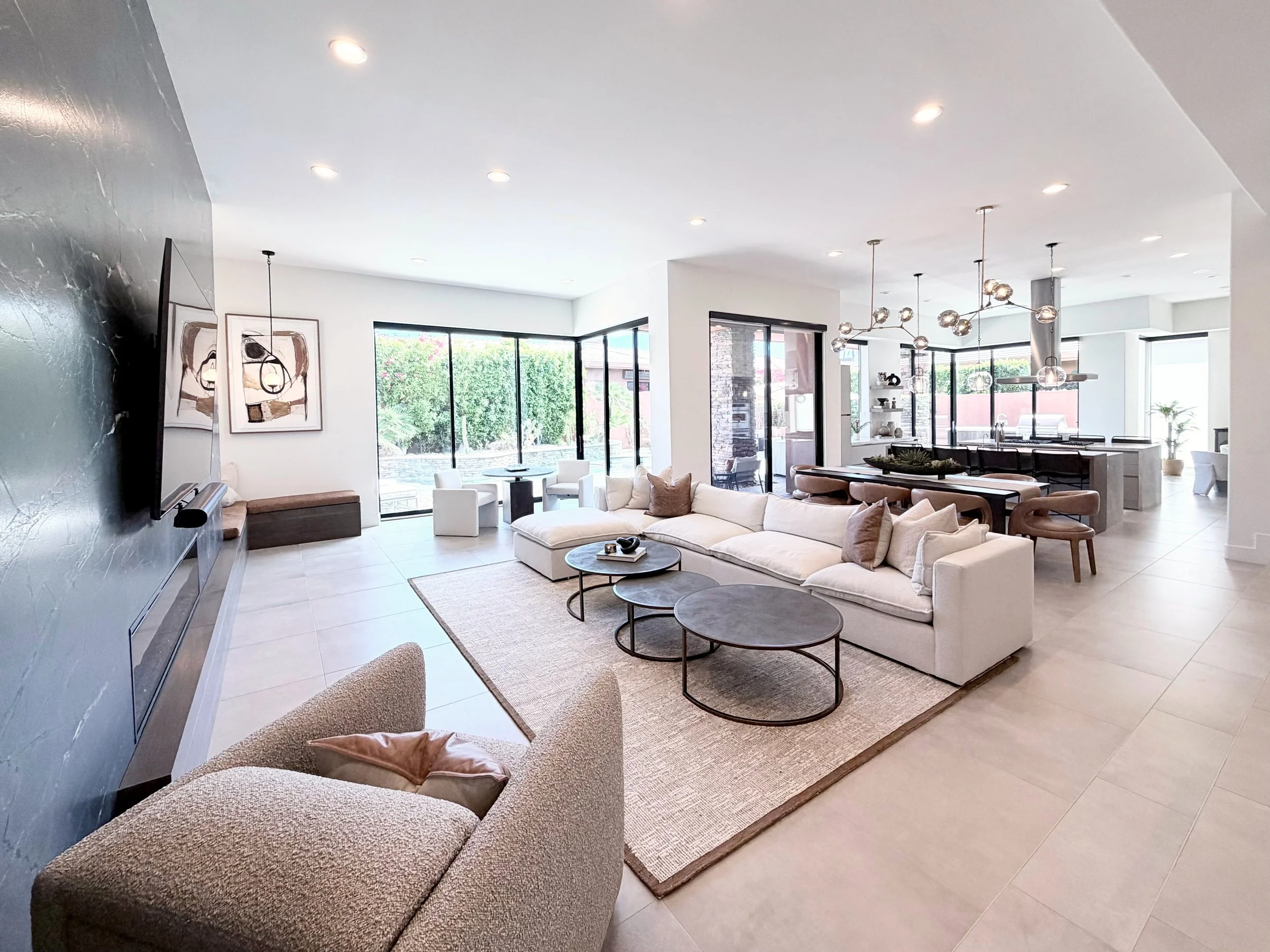Open modern interior design living, dining, and kitchen in La Quinta, CA