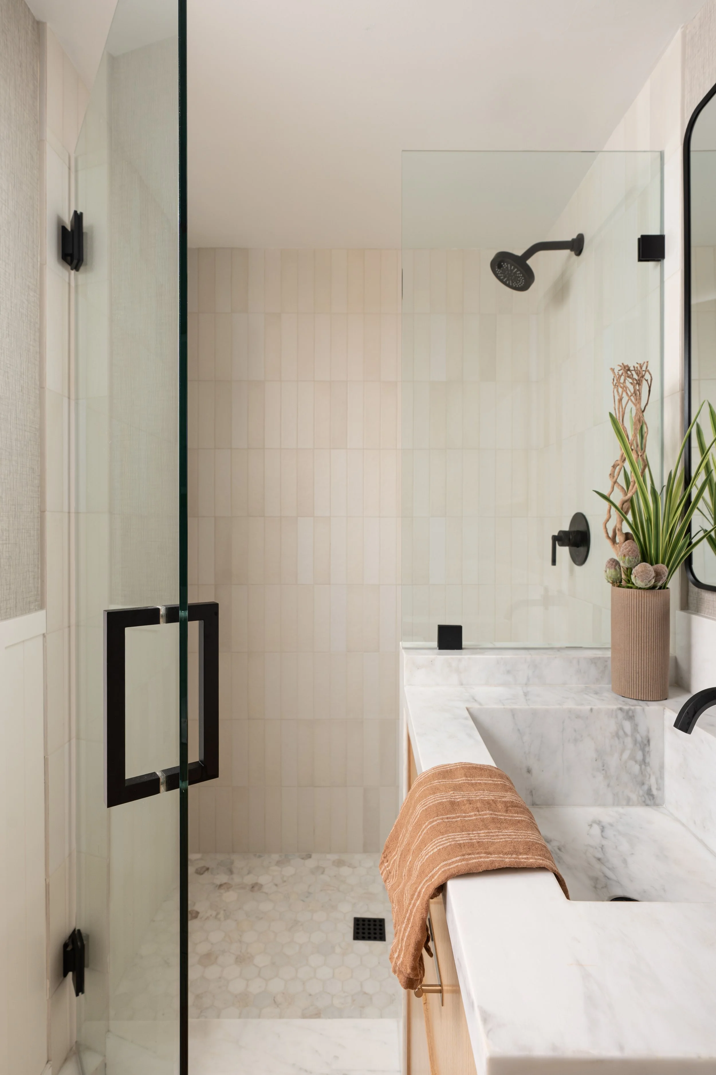 Coastal guest bathroom vanity and shower remodel in Newport Beach, CA