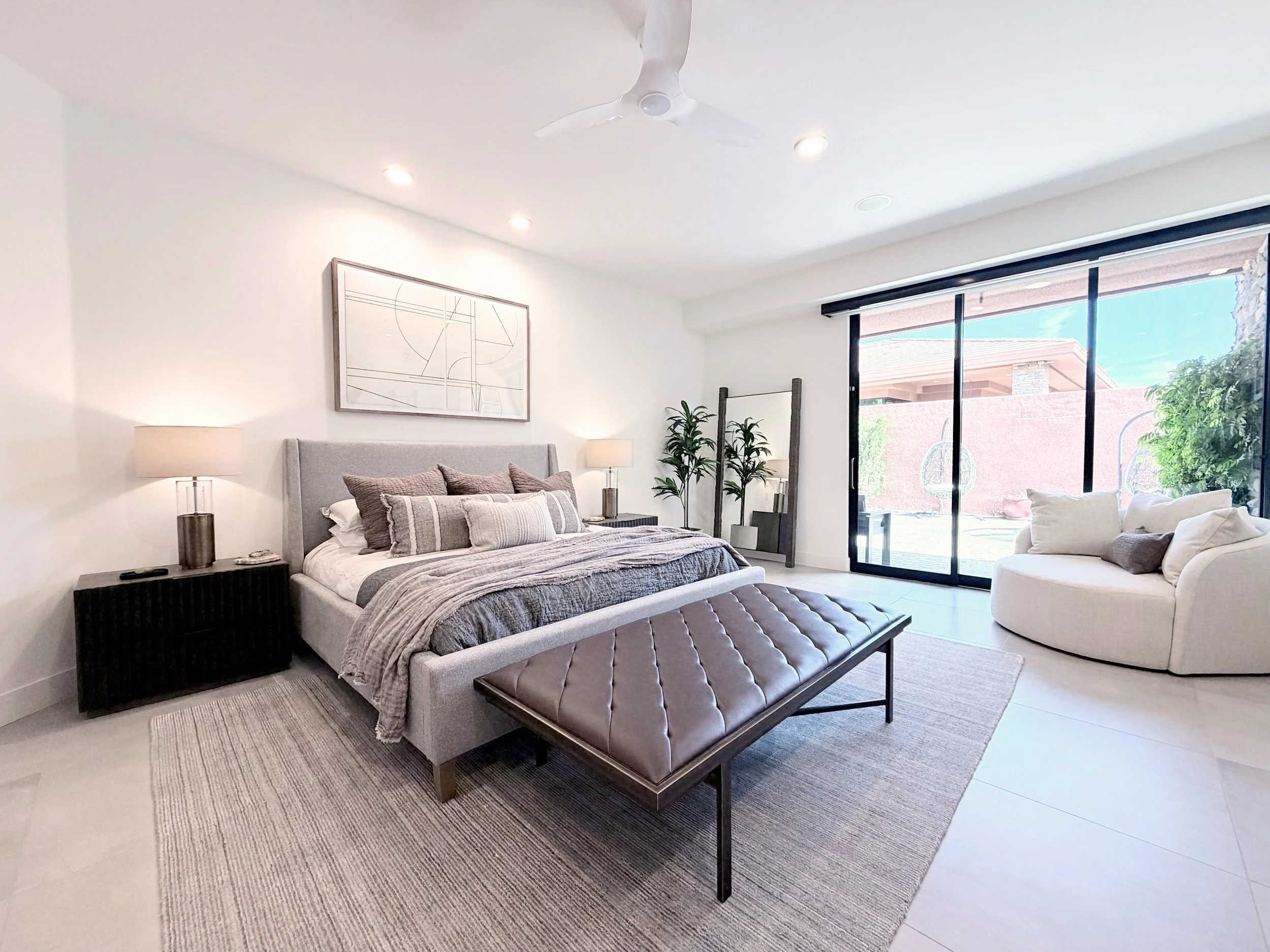 Neutral interior design master/primary bedroom in La Quinta, CA