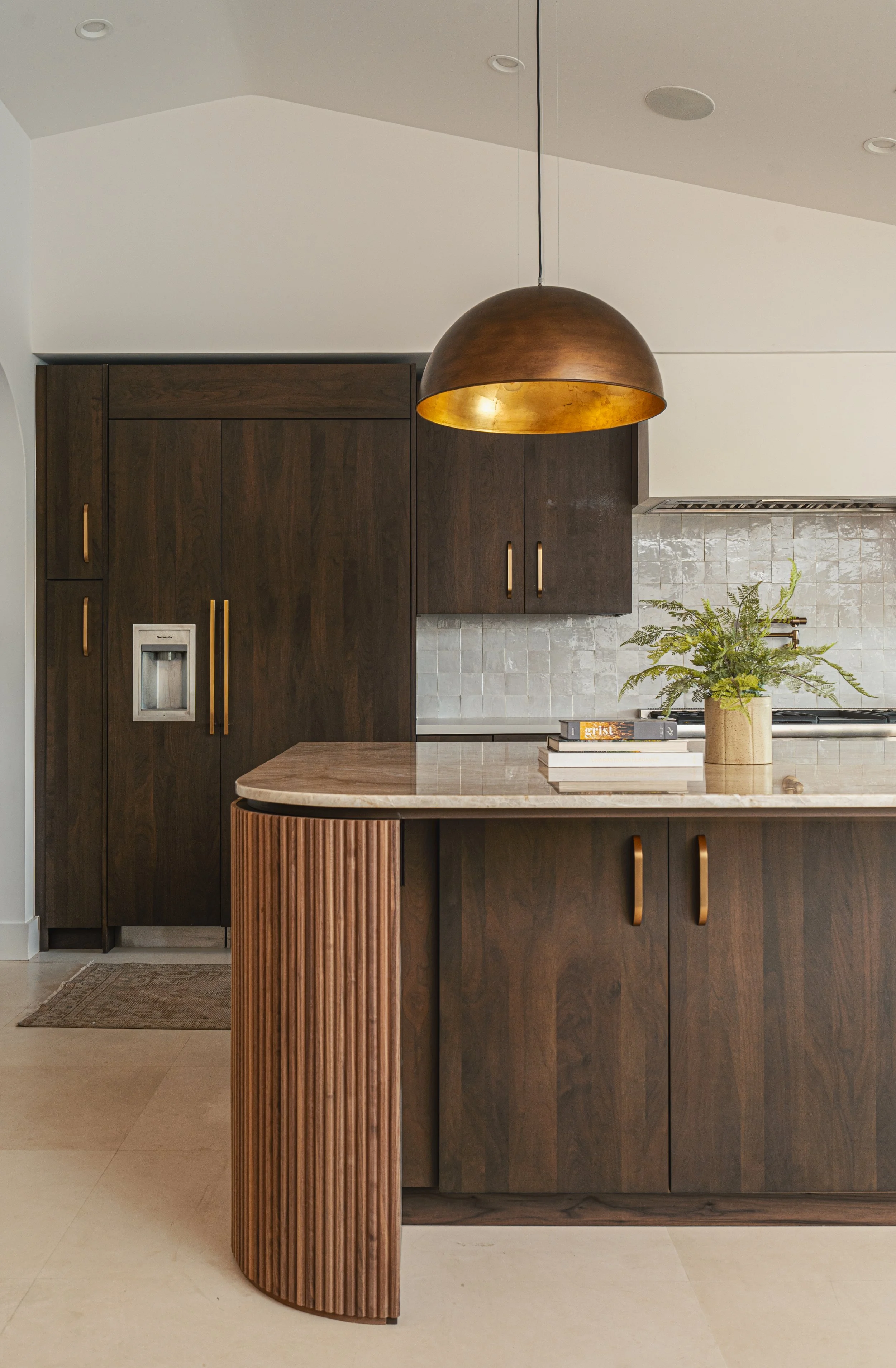 Jonathons Coastal Living interior design custom kitchen remodel showcasing modern Spanish design with reeded island in Yorba Linda, Orange County, CA