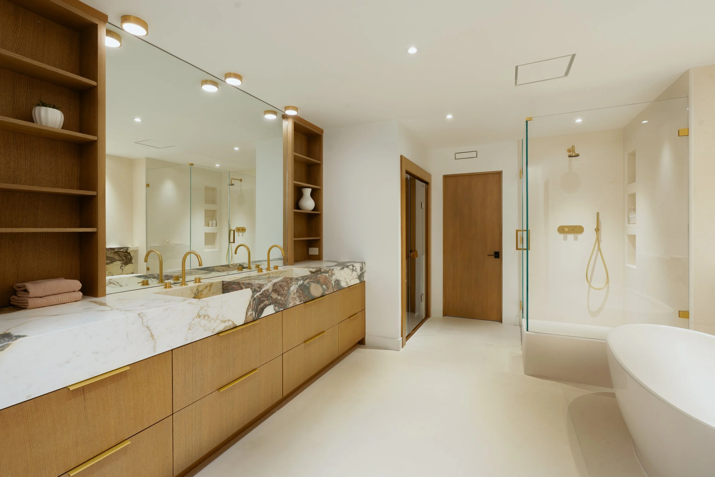 Jonathons Coastal Living interior design custom primary bathroom remodel showcasing luxury serene design in Dana Point, Orange County, CA