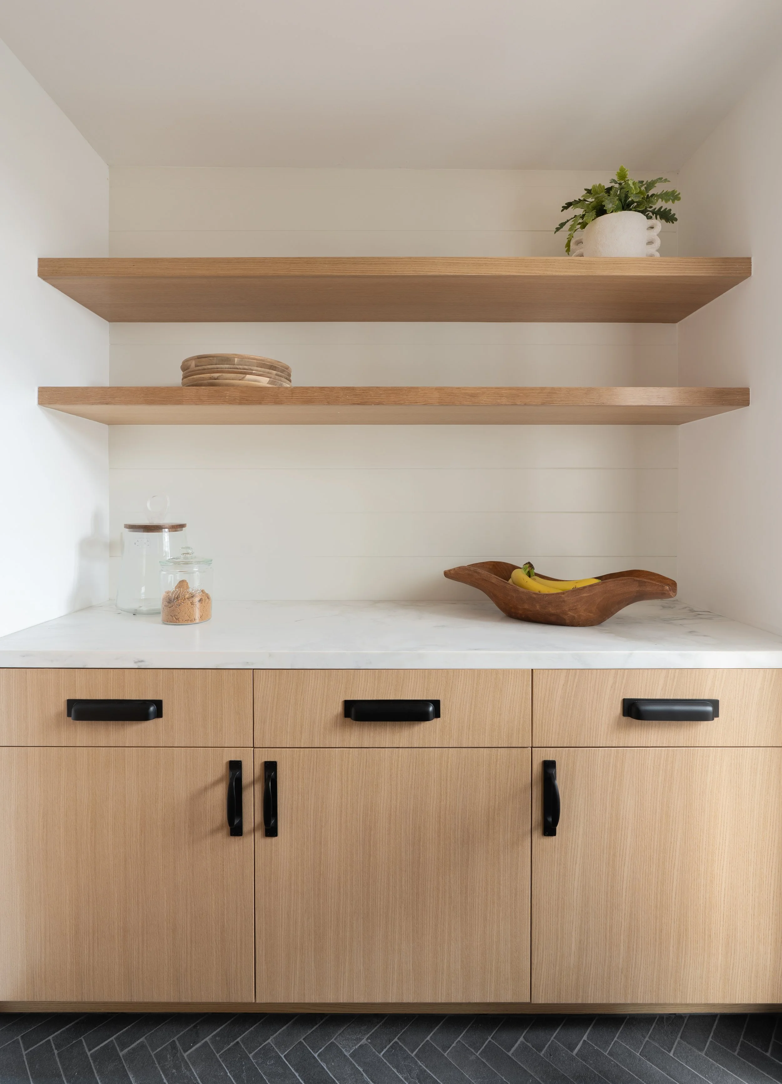 Pantry remodel with open shelves in white oak in Newport Beach, CA