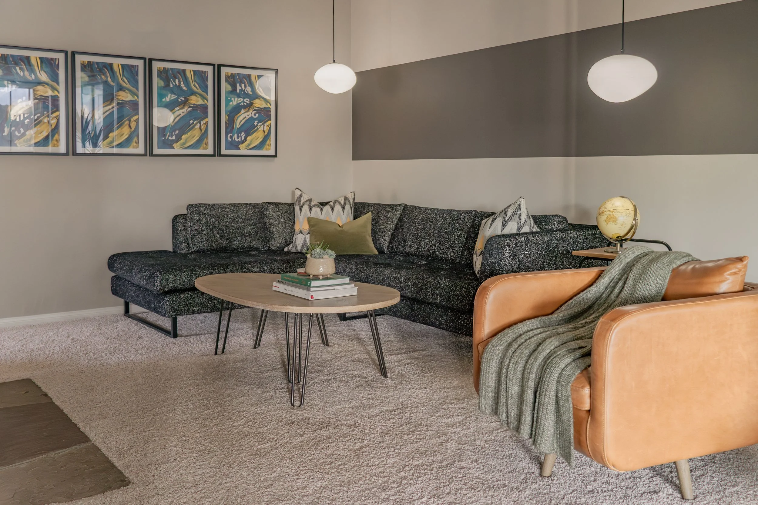 Mid century modern interior design living room with hanging pendants in Long Beach, LA County, CA