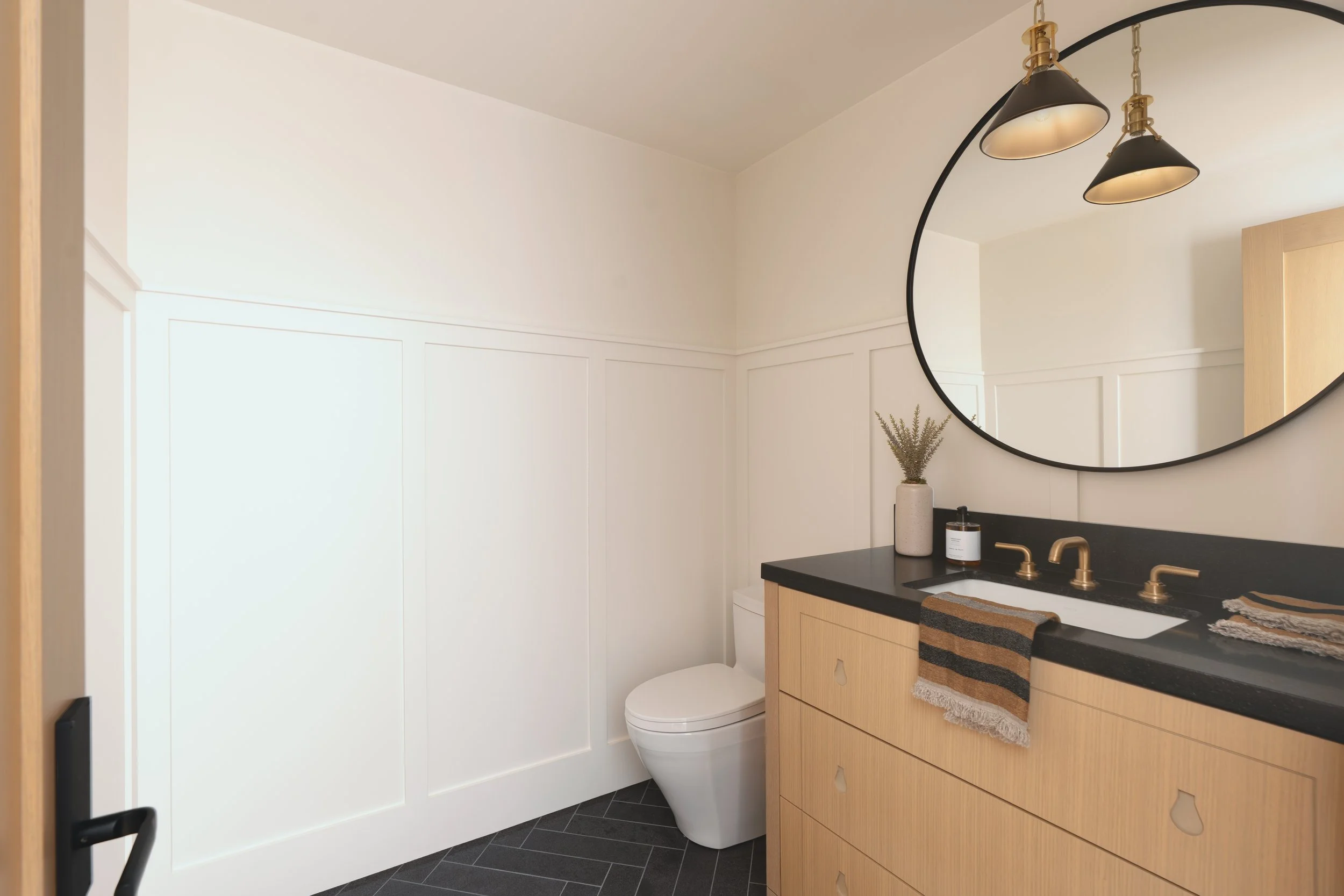 Jonathons Coastal Living interior design custom powder bathroom remodel with wainscoting in a simplistic traditional style in Dana Point, Orange County, CA