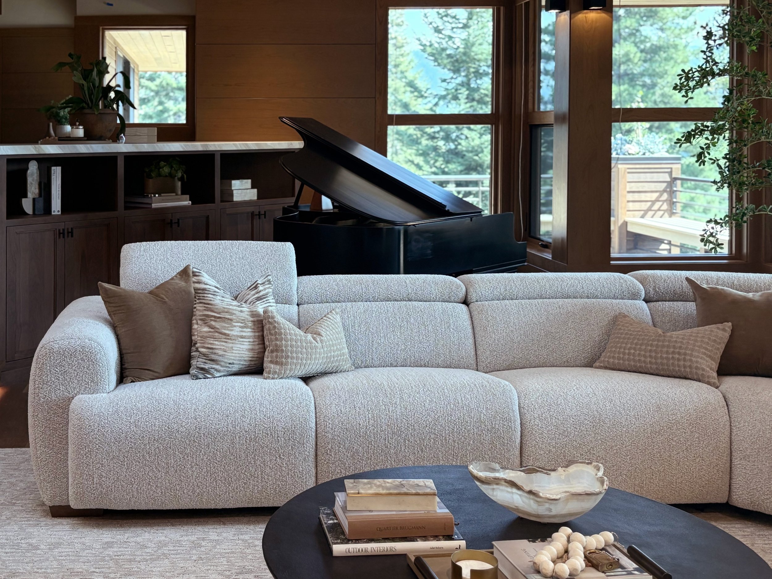 Elegant modern lake house interior design living room in Idaho