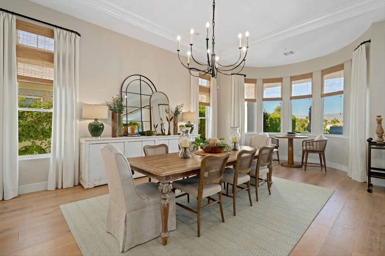 Updated transitional modern french interior design dining room in Palm Desert, CA