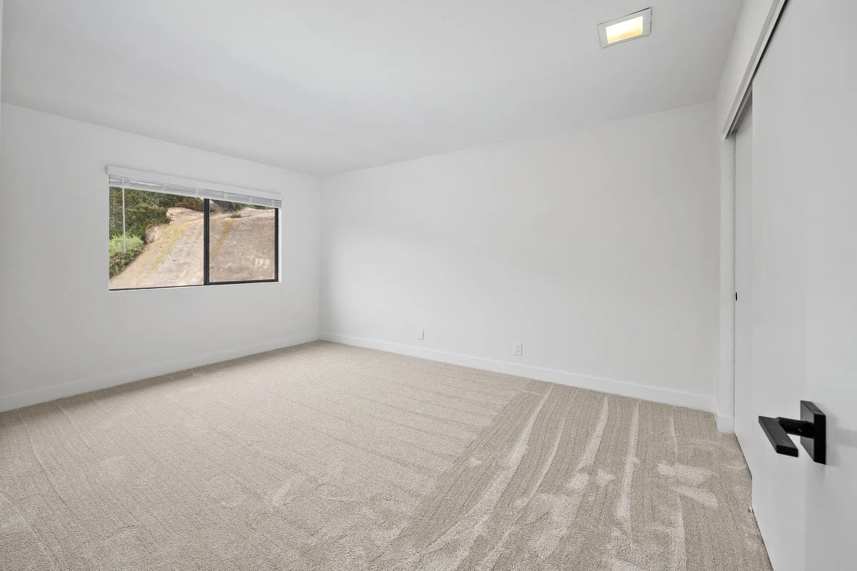Empty white room with beige carpet, window with blinds, and closet door.