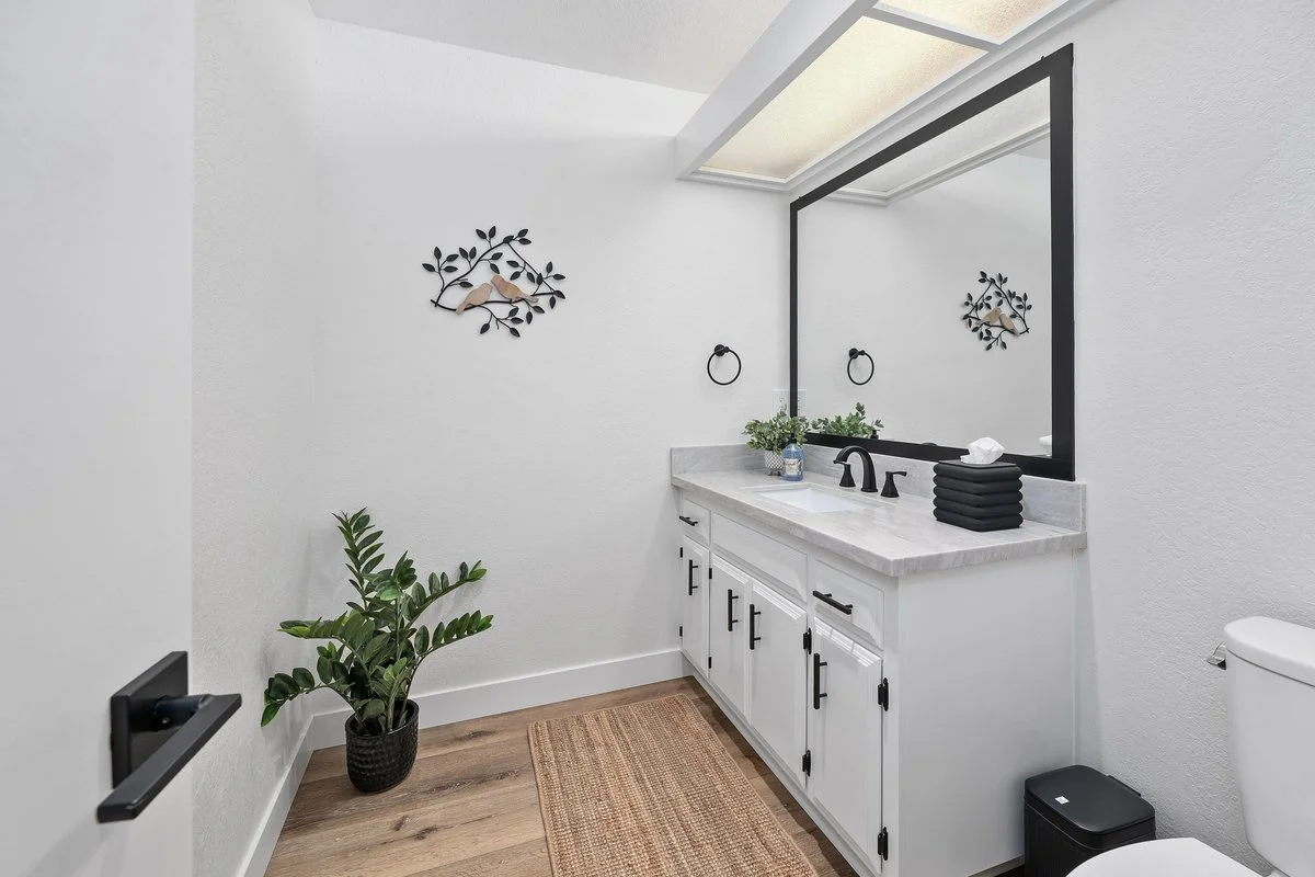 Modern bathroom with a white vanity and black accents, large mirror, potted plant, and wall decoration of two birds on a branch.