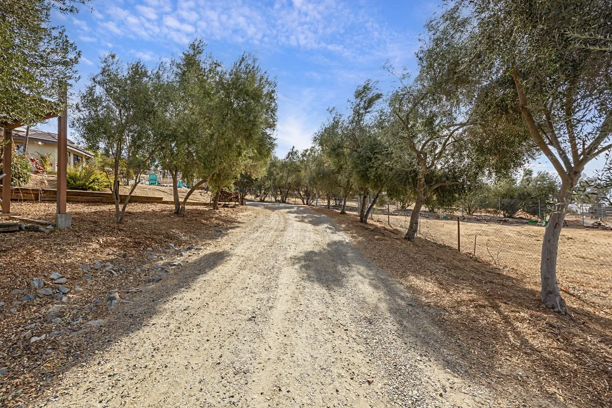 A dirt road bordered by trees on both sides, with a house and patio visible on the left and a fence on the right, under a partly cloudy sky.