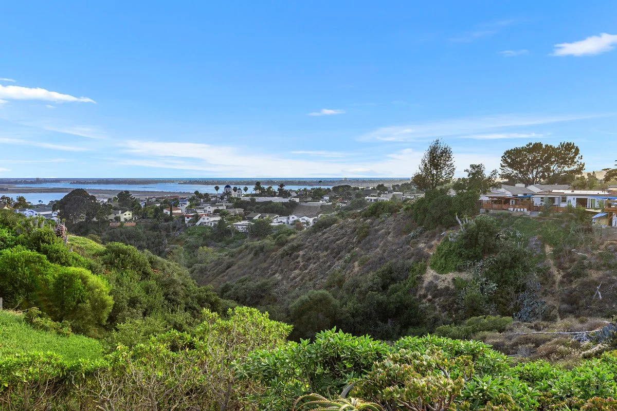 A scenic coastal hillside with greenery, trees, and houses overlooking a body of water under a blue sky with clouds.