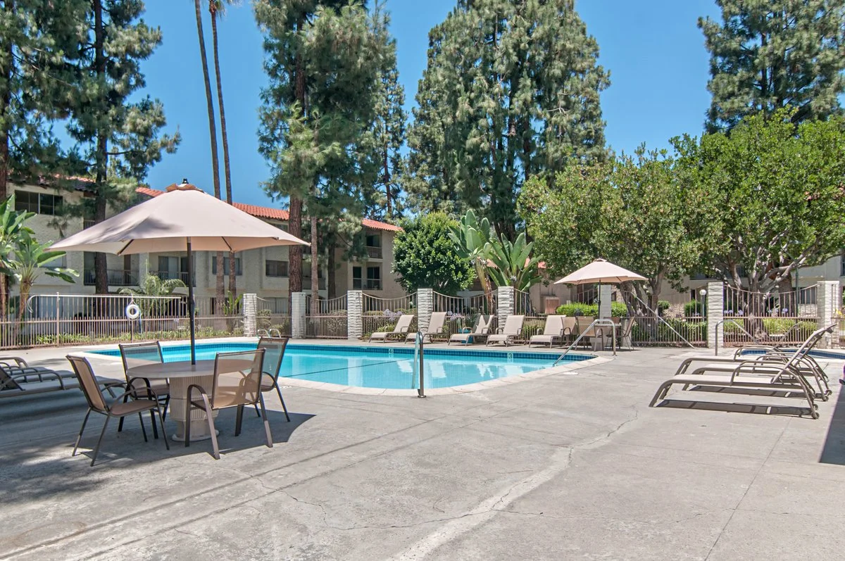 A peaceful outdoor swimming pool area surrounded by trees, with lounge chairs and white umbrellas for shade.