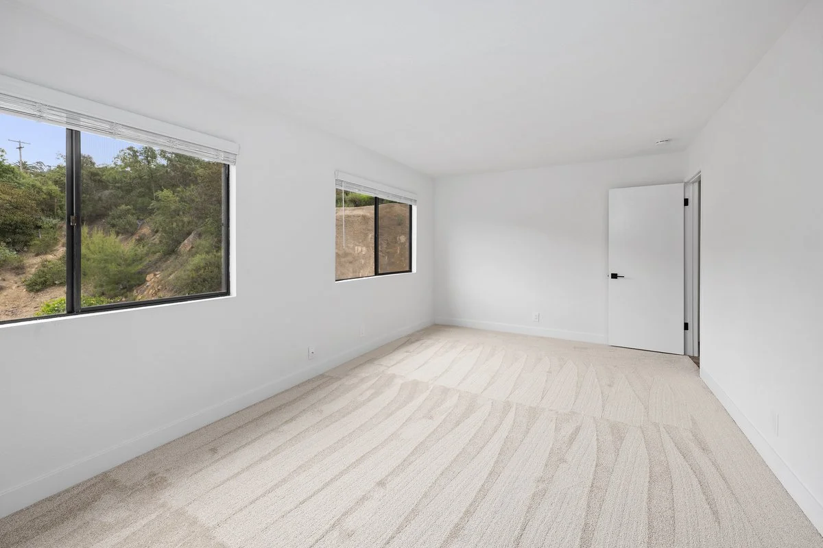 Empty white room with two windows, beige carpet, and a white door.