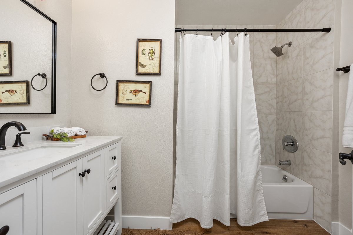 Bathroom with white vanity, black faucet, framed pictures of insects and birds on the wall, mirror, towel ring, white shower curtain, bathtub, showerhead, and marble tiles in shower area.