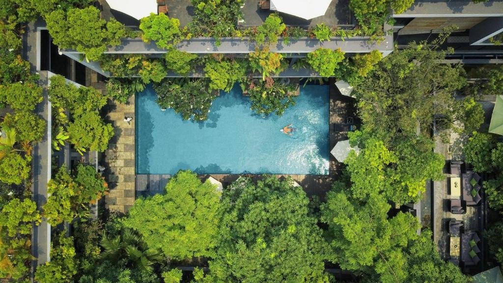 Aerial view of a swimming pool surrounded by green trees and residential buildings.