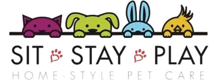 Logo for 'Sit Stay Play' home-style pet care featuring cartoon cat, dog, rabbit, and bird above the text