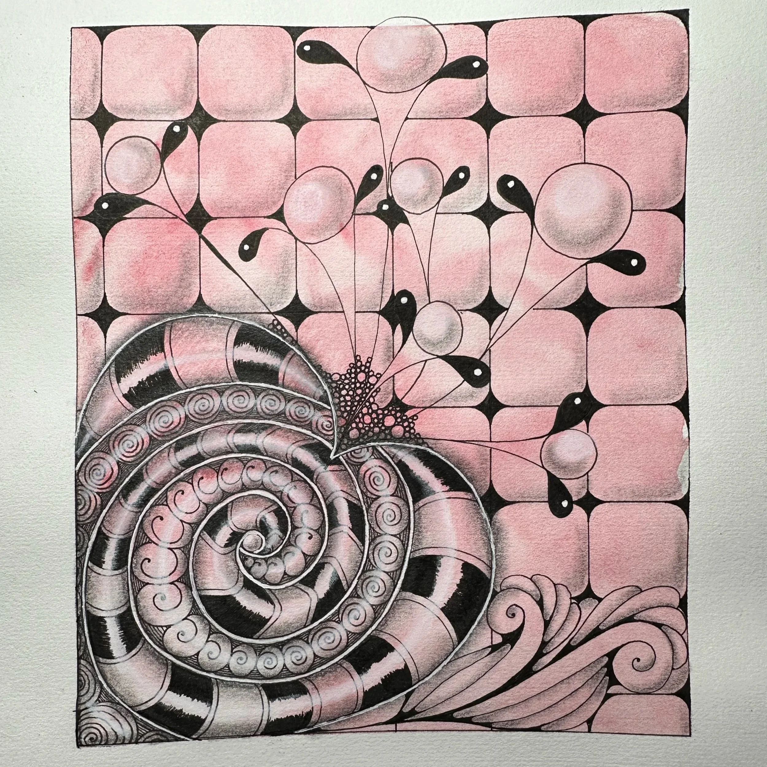Abstract artwork with pink square tiles, black and white spiral patterns, and a cluster of black teardrop-shaped elements connected to swirling lines and rounded shapes.