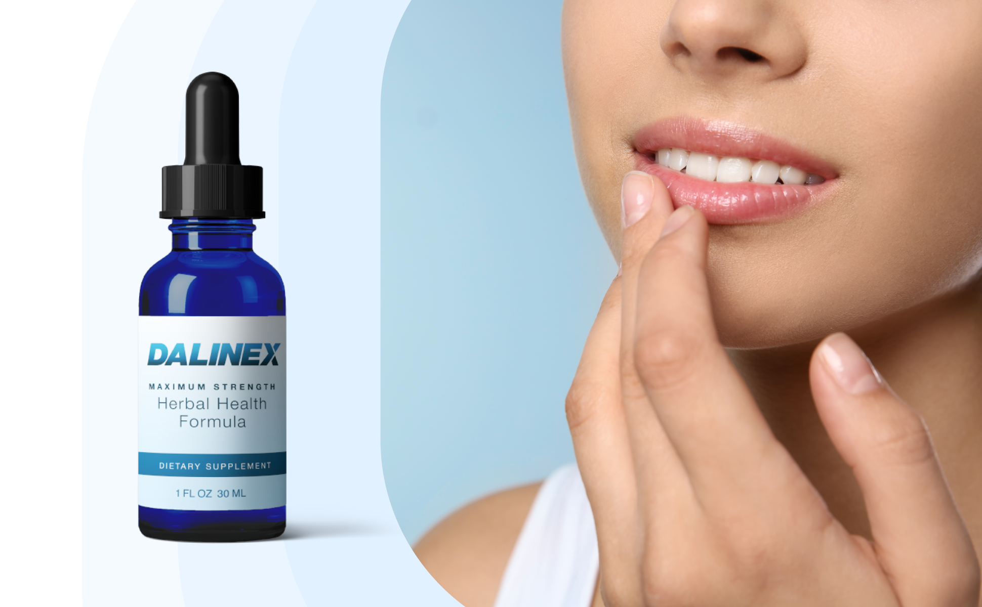 Woman looking in the mirror at the corner of her mouth with Dalinex.