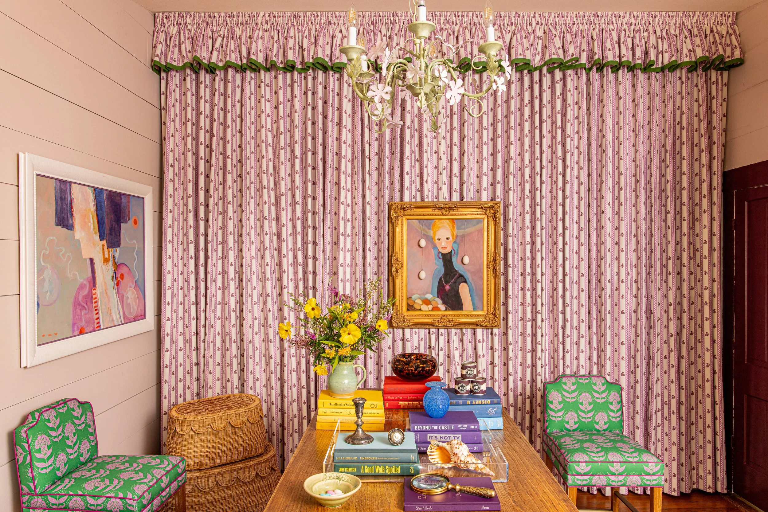 Full wall of curtains to hide design samples.