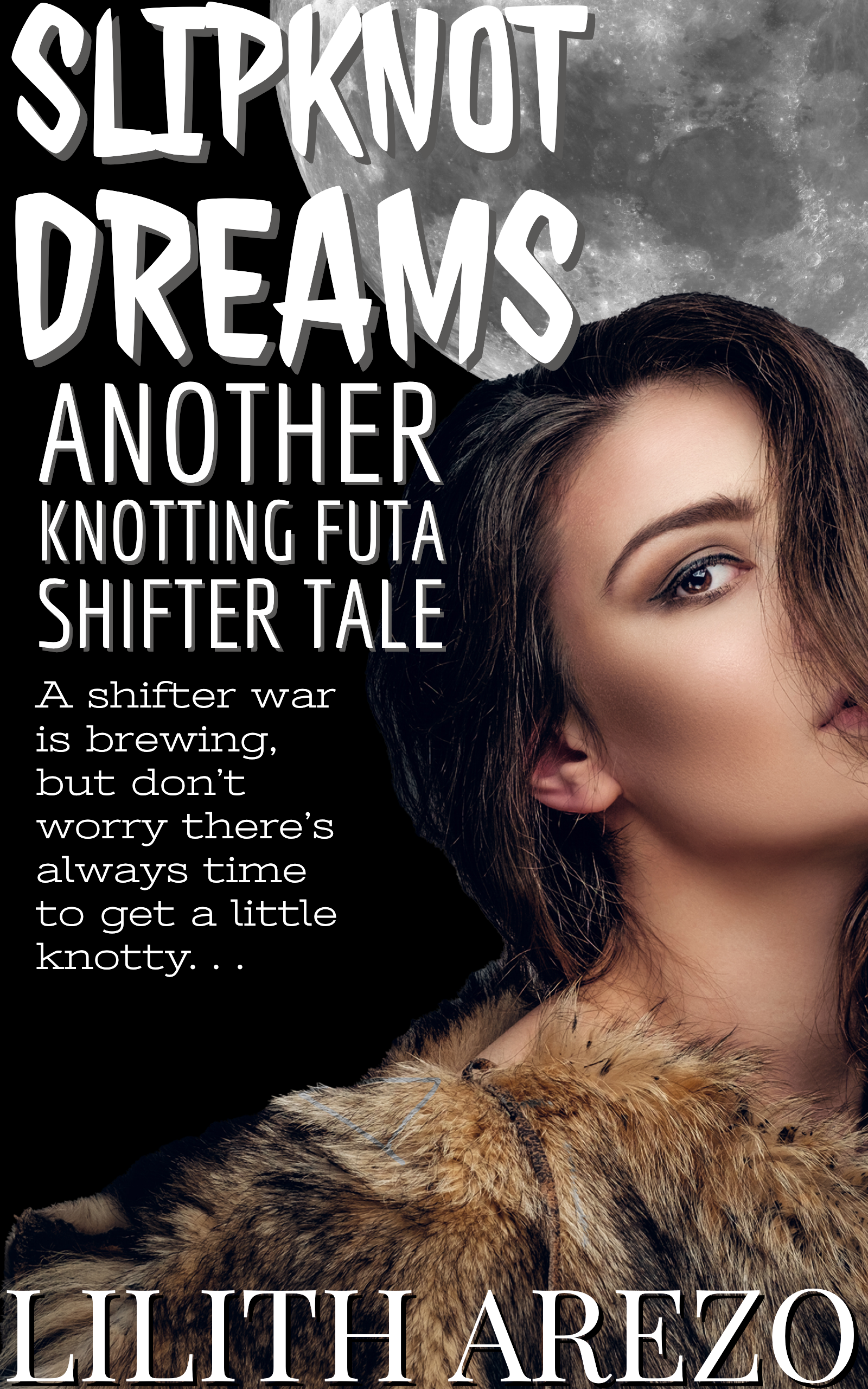 A woman with long brown hair looking at the camera, wearing a fur coat. The background includes a large moon and a starry night sky, with the text 'Slipknot Dreams' and other words combined with a poetic phrase.