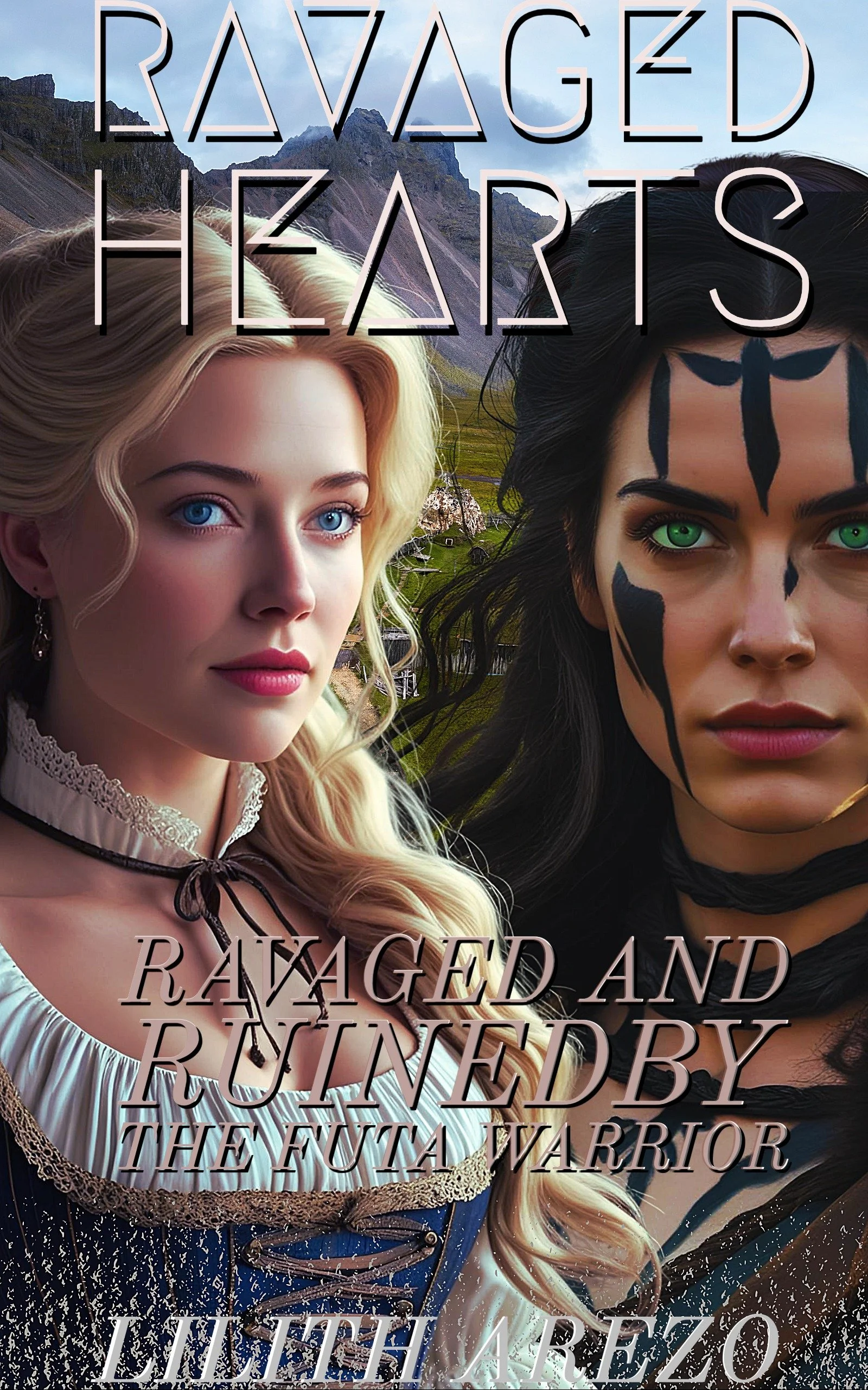 A book cover titled 'Ravaged Hearts' featuring two women with contrasting appearances, set against a rural landscape with mountains in the background. One woman has blonde hair and blue eyes, the other has dark hair, green eyes, and face paint. The cover includes the subtitle 'Ravaged and Ruined by the Futa Warrior' and the author's name, Lilith Arezo.