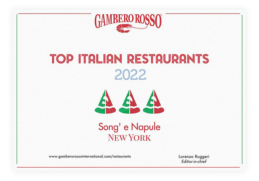 Top Italian Restaurants Song'E Napule 2022 Prize from Gambero Rosso International
