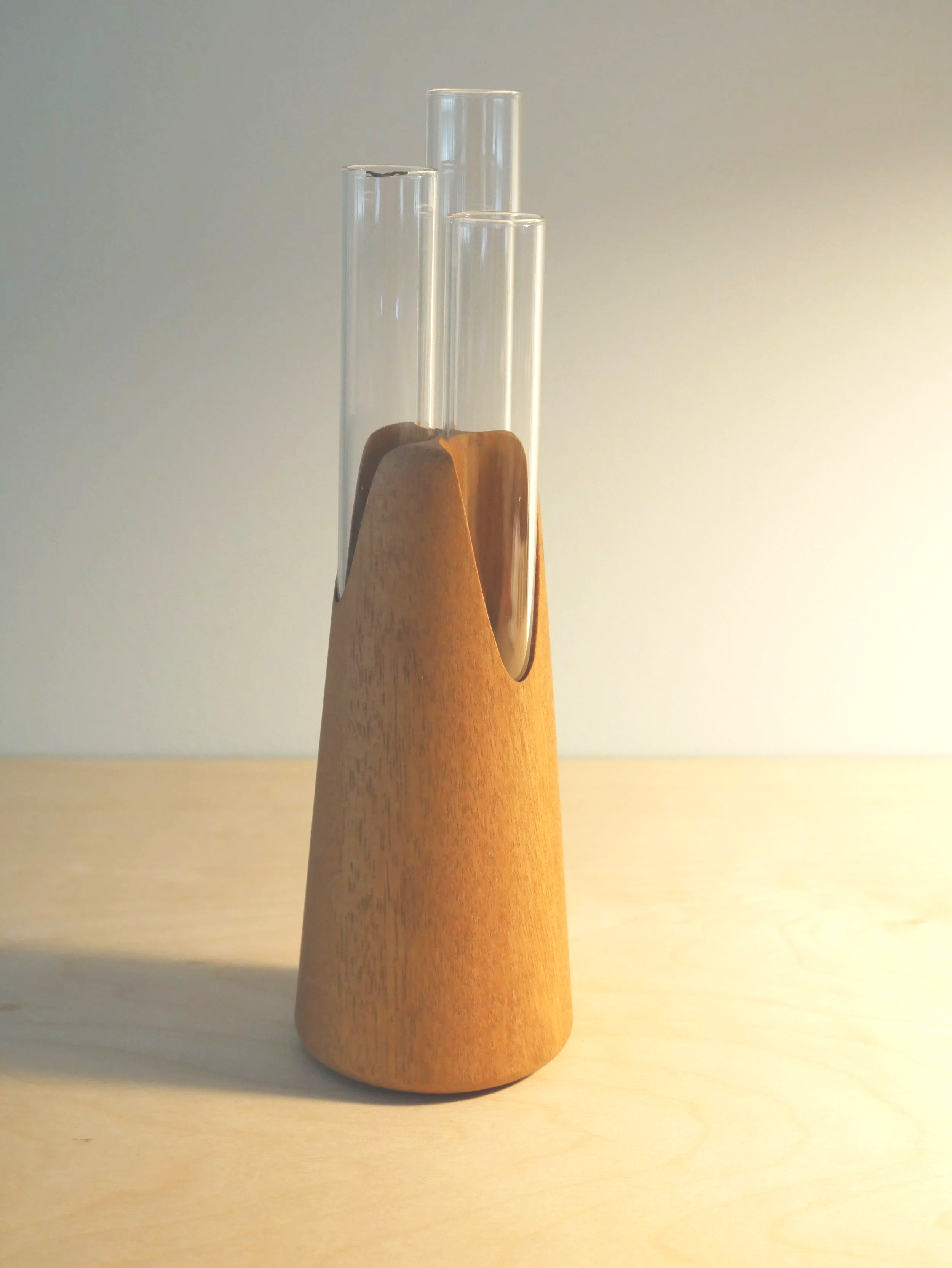 triple bud vase: beech wood, 2.5 x 2.5 x 9H, $75