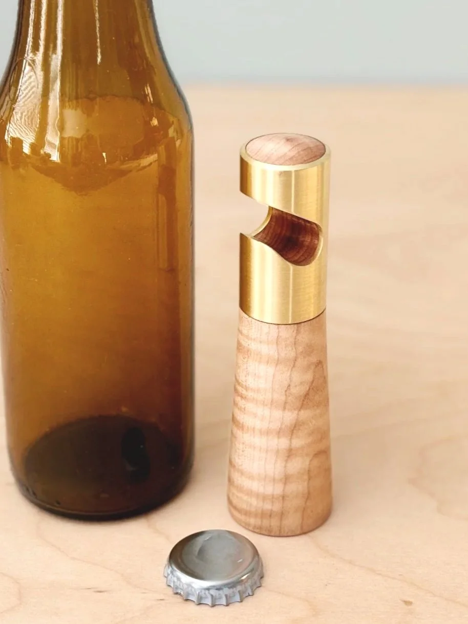 bottle opener: figured maple with brass head fitting, 1 x 1 x 4.25H, $80