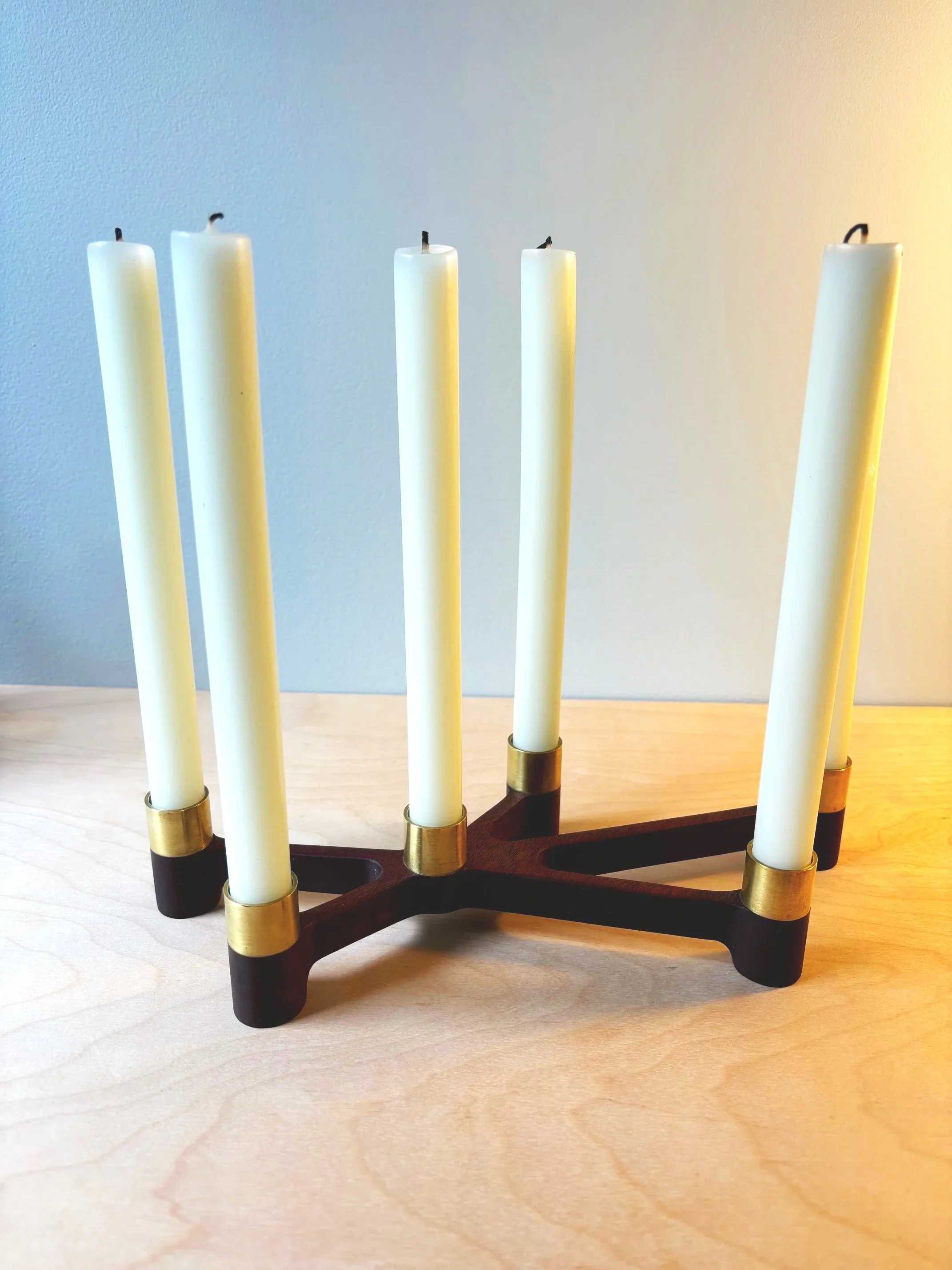 candelabra: walnut with brass detail, 11.75L x 5.5W x 2H, $200