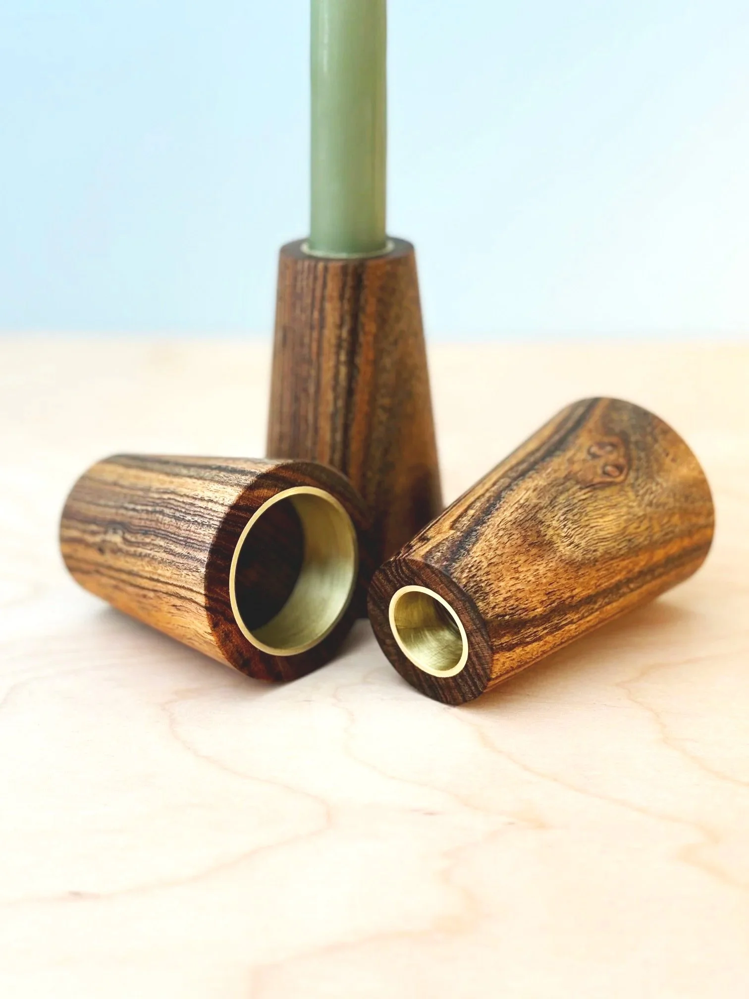 tea light/taper holders: walnut with brass detail, varied sizes, $50 each