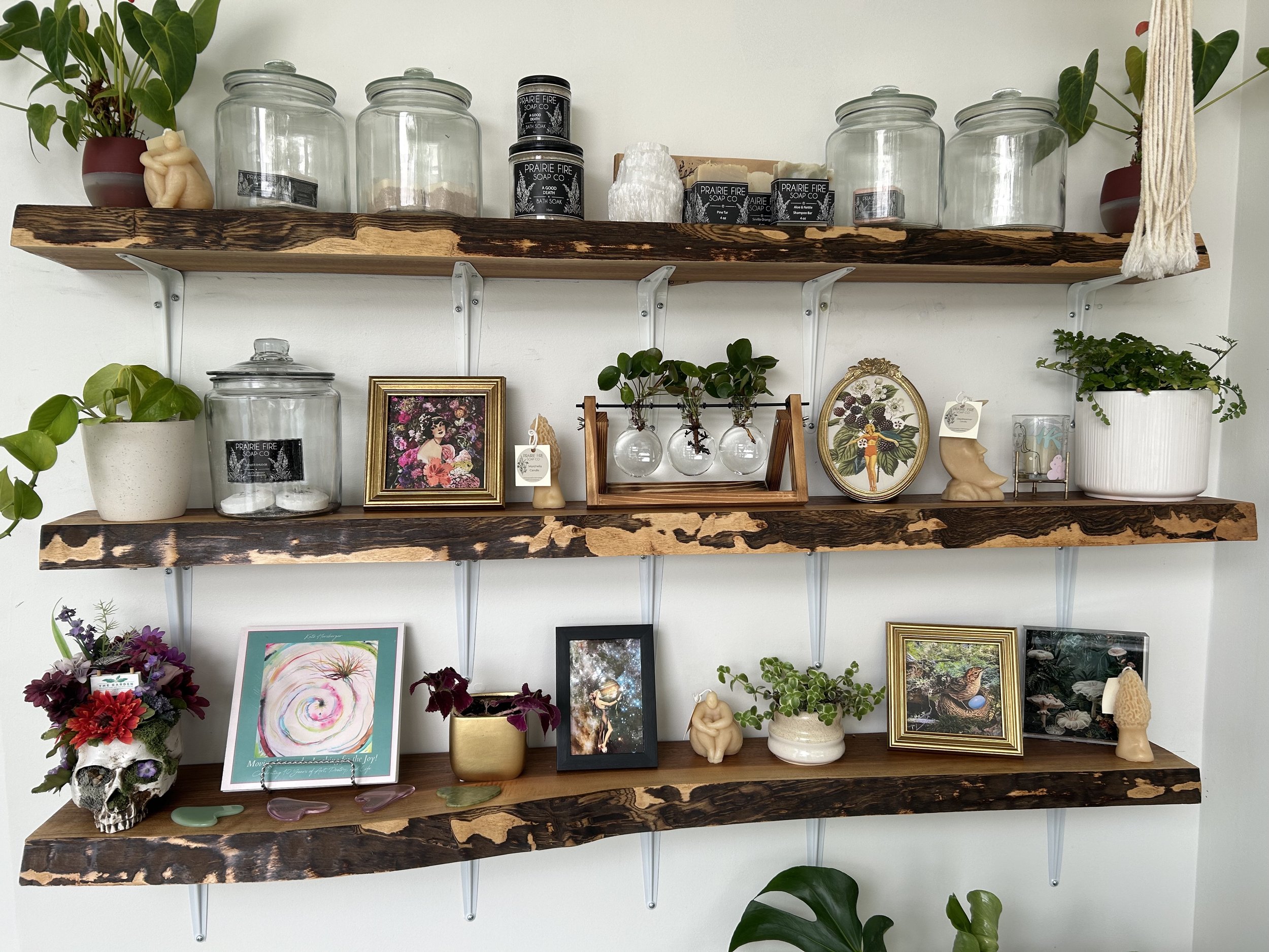 The Garden Holistic. YEG. Three wooden shelves displaying glass jars, plants in various pots, small sculptures, framed artwork, and decorative items. The shelves have a rustic appearance and are mounted on a white wall.