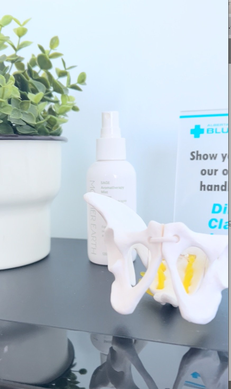 Stony Plain Massage. Spruce Grove Massage. White planter with green plant, bottle labeled "Sage Aromatherapy Mist," pelvic bone model, and partial sign with blue cross.