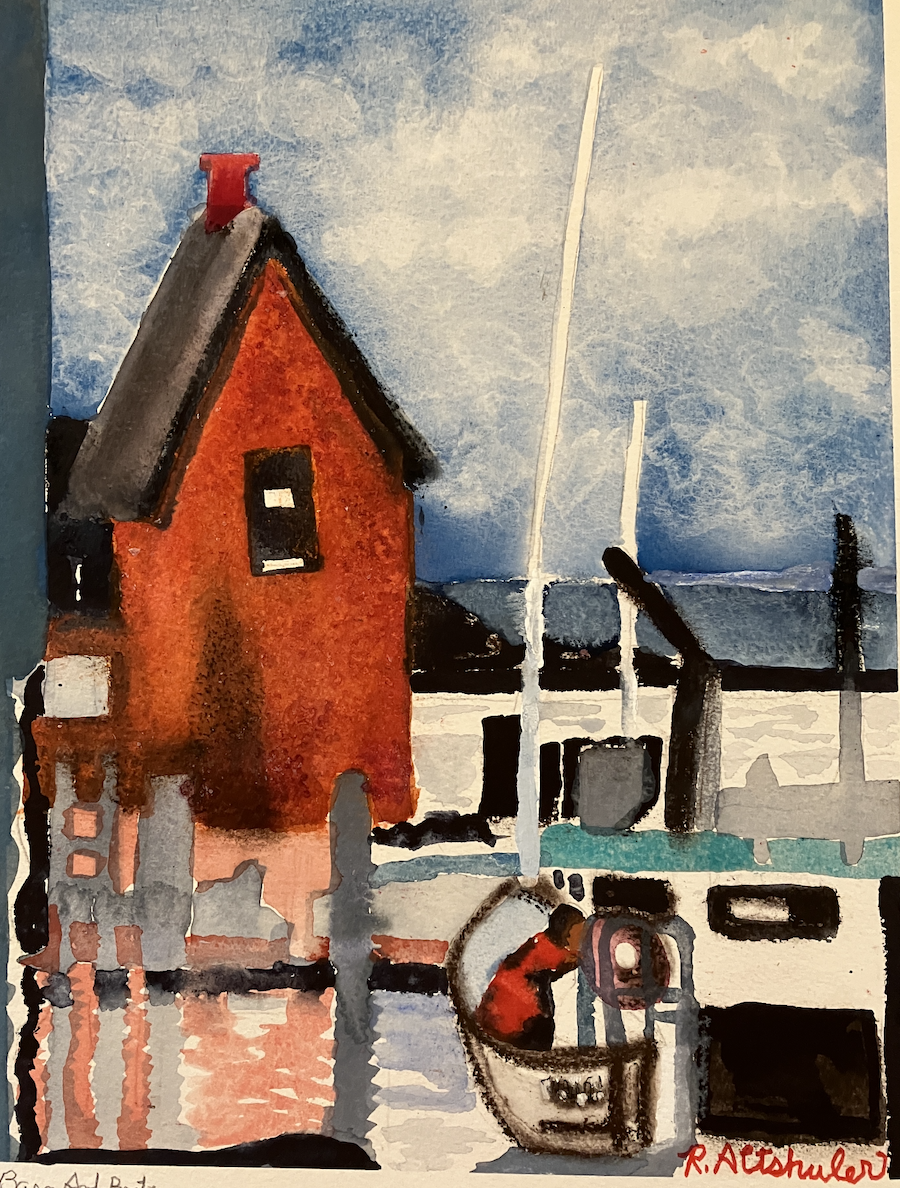 Red Barn And Docked Boat
