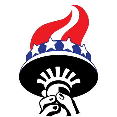 A stylized image of a hand holding a torch with red flames and a blue band with white stars, symbolizing the Statue of Liberty.