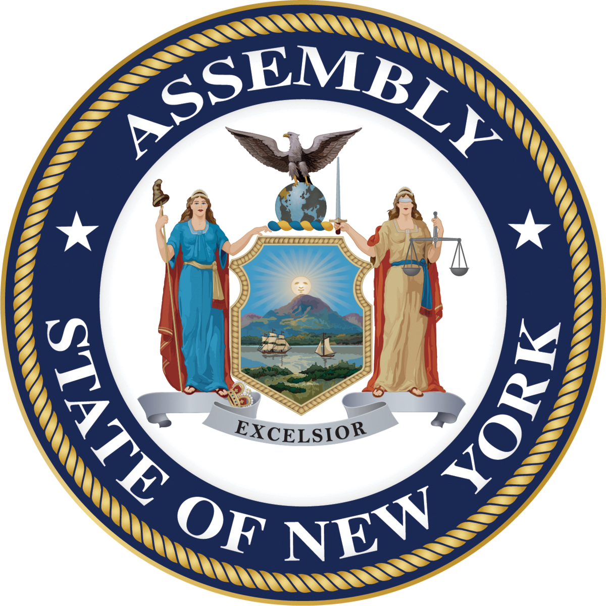 Seal of the State of New York with a ship, mountain, sun, an eagle, two women representing Lady Liberty and Justice, and the word 'Excelsior'.