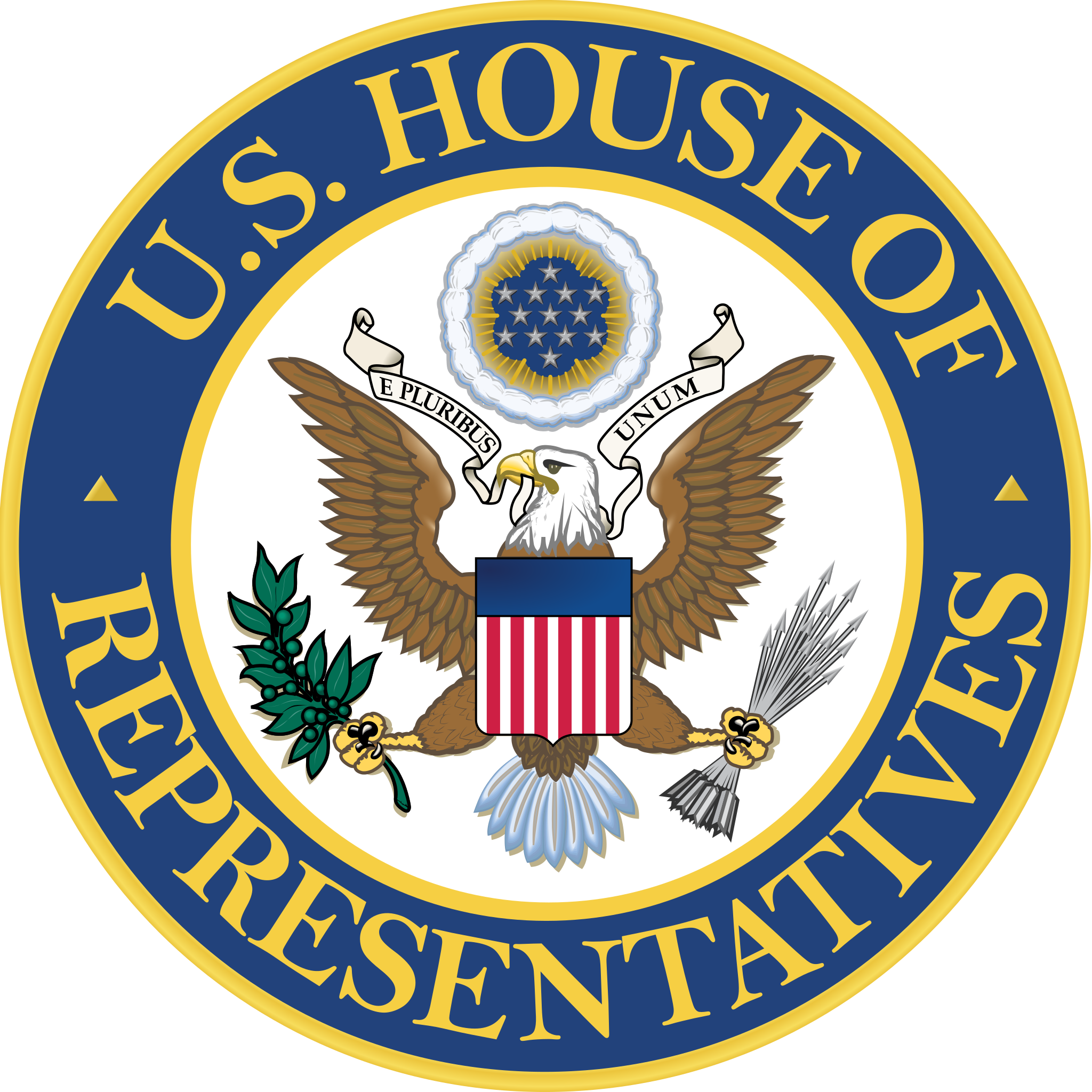 Seal of the U.S. House of Representatives featuring a bald eagle holding an olive branch and arrows, with a shield on its chest, and a circular banner with the text "U.S. House of Representatives".