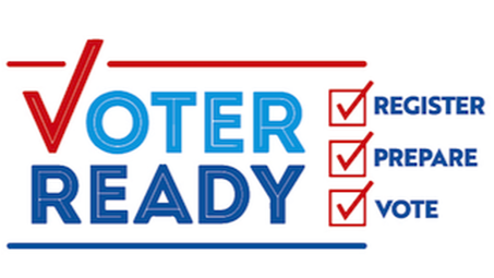 Voter Ready sign with checkboxes for Register, Prepare, and Vote.