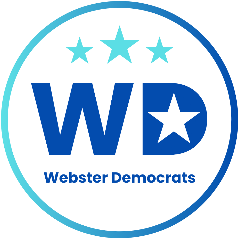A circular logo with the text "WD" and a star inside the letter "D." Above the text are three stars, and below it reads "Webster Democrats." The logo uses shades of blue and white.