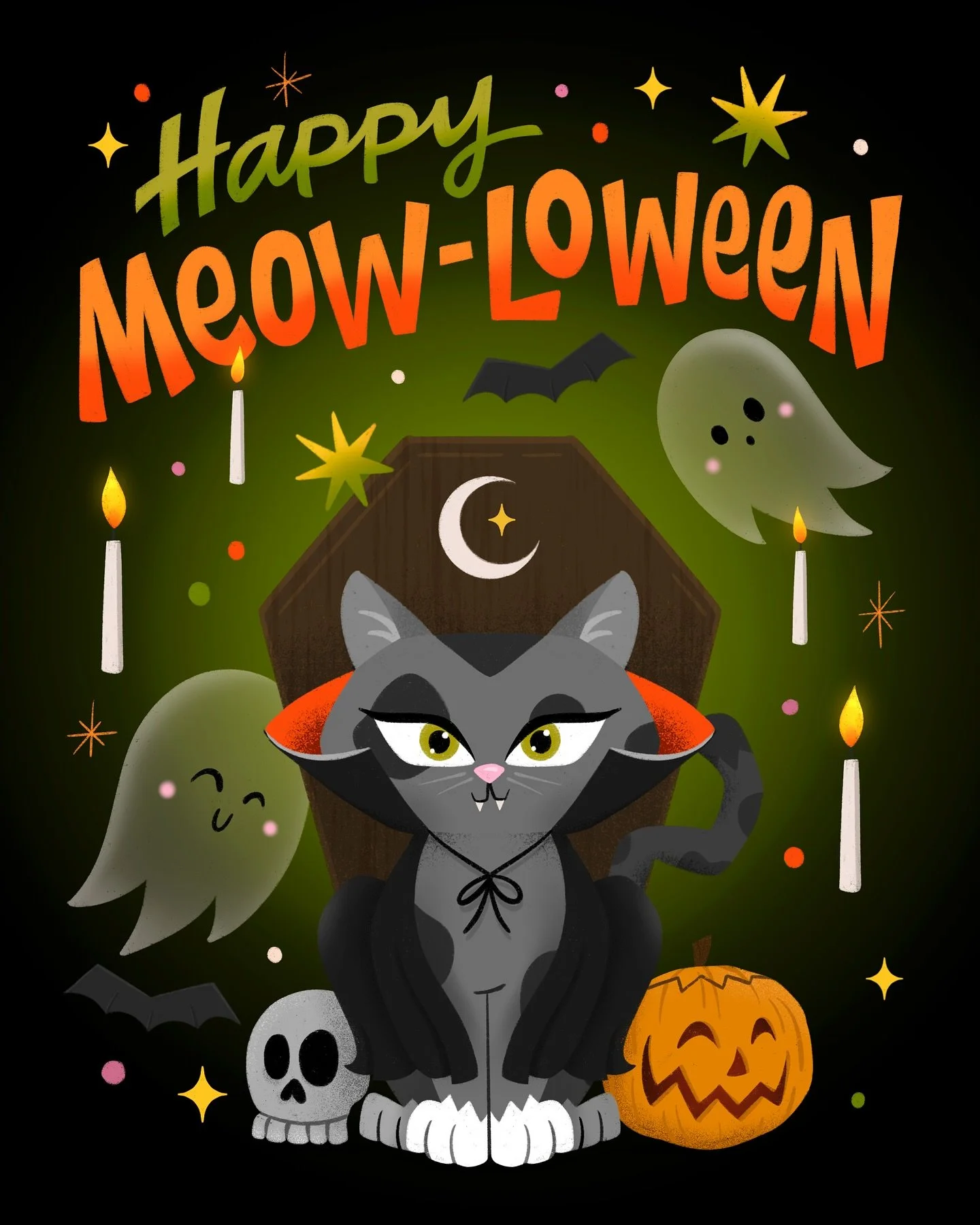 Cute &amp; Killer for #scaryandsweet2025 🐈&zwj;⬛🧛🏻🎃👻

Jumping into spooky season at the last second! I remixed an old piece, imagining a vampire kitty ready to cause chaos. *insert maniacal laugh* 😼 Happy Meow-loween!!!

Mockup by @creatsyoffic