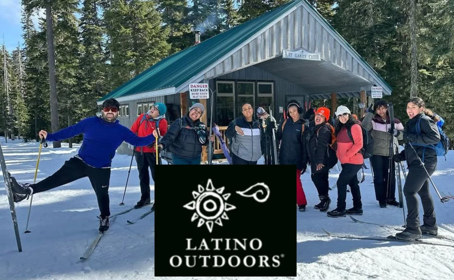 A group of Latino people cross country skiing with the Latino Outdoors logo