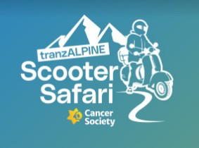 An illustration of a mountain with a person riding a scooter with the title 'Tranz Alpine Scooter Safari for Cancer Society'