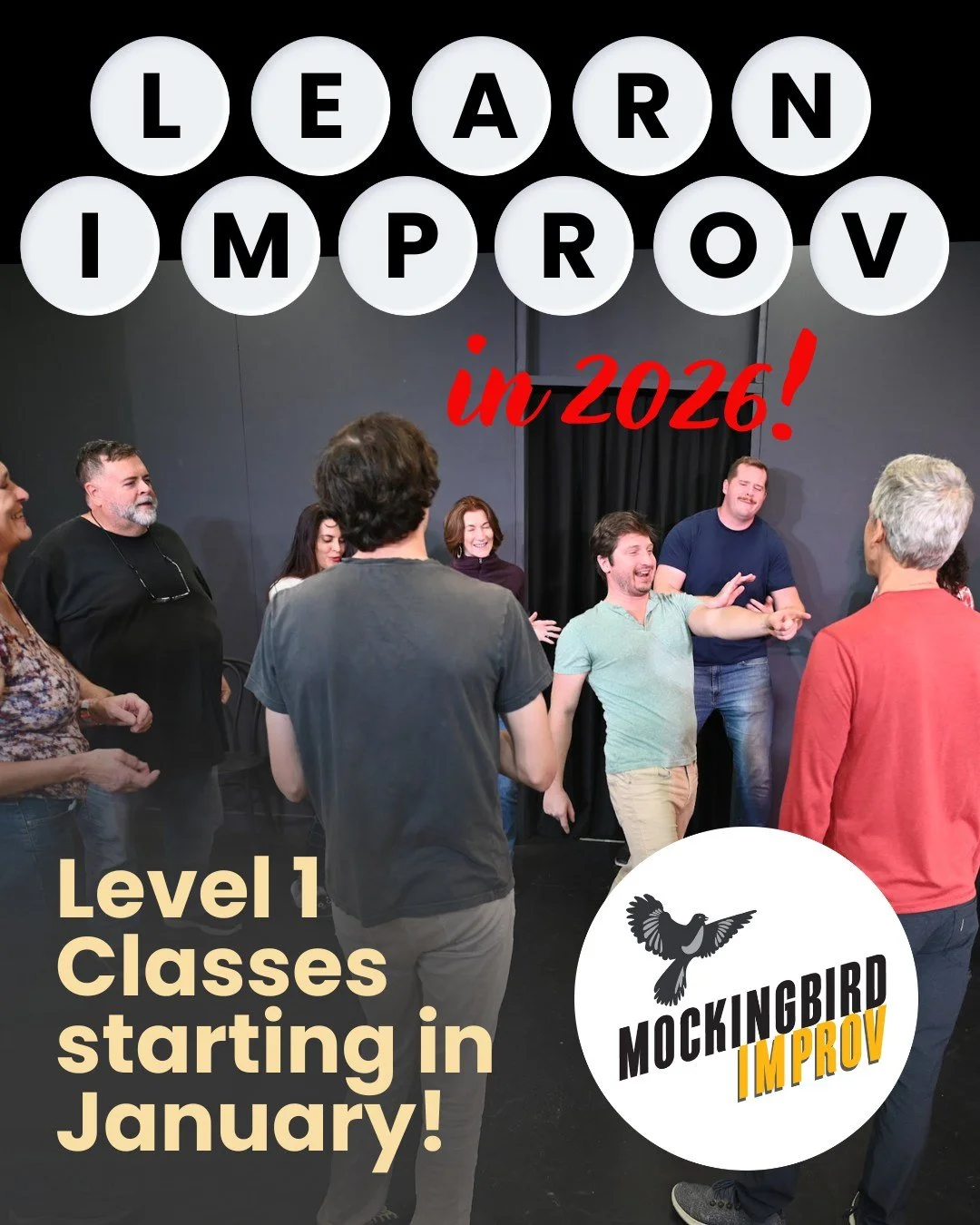 Taking an improv class isn't just about gaining a skill. It's about making new friends,  playing and laughing. It's about letting go of fear and consciously choosing fun. Learn more / register at link in tree! Or go to: mockingbirdimprov.org. We can'