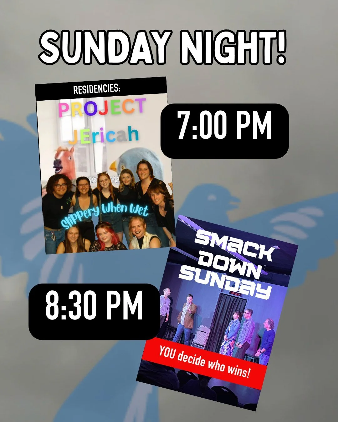 Don't miss our Sunday lineup- two resident teams at 7PM then SmackDown at 8:30! The feathers are gonna fly!
(Tix in link tree)