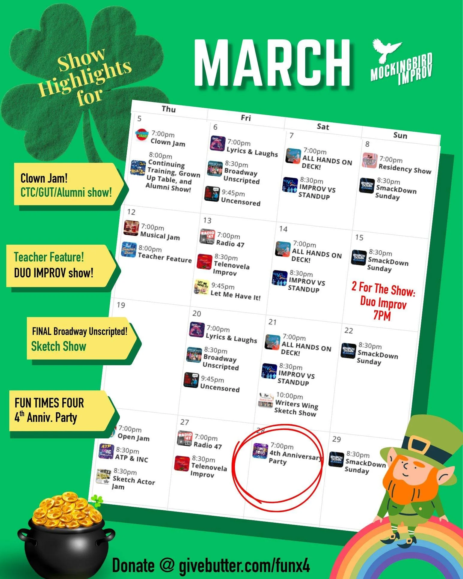 Clowns, Teachers, Duos, a BROADWAY sendoff, Sketch and our 4 Year Fete!