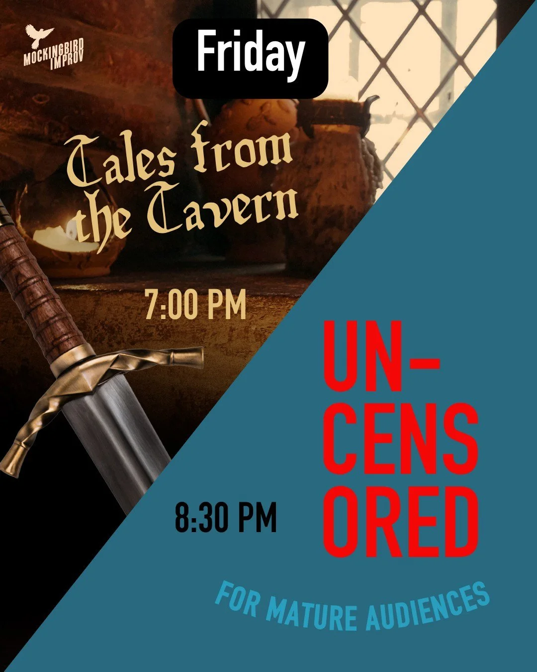 Join us TONIGHT for some medieval fantasy improv and then some fantastic adult improv games! Tix in link tree or https://www.mockingbirdimprov.org/tickets
#sandiegoimprov #libertystationsandiego #ntcartsdistrictsandiego