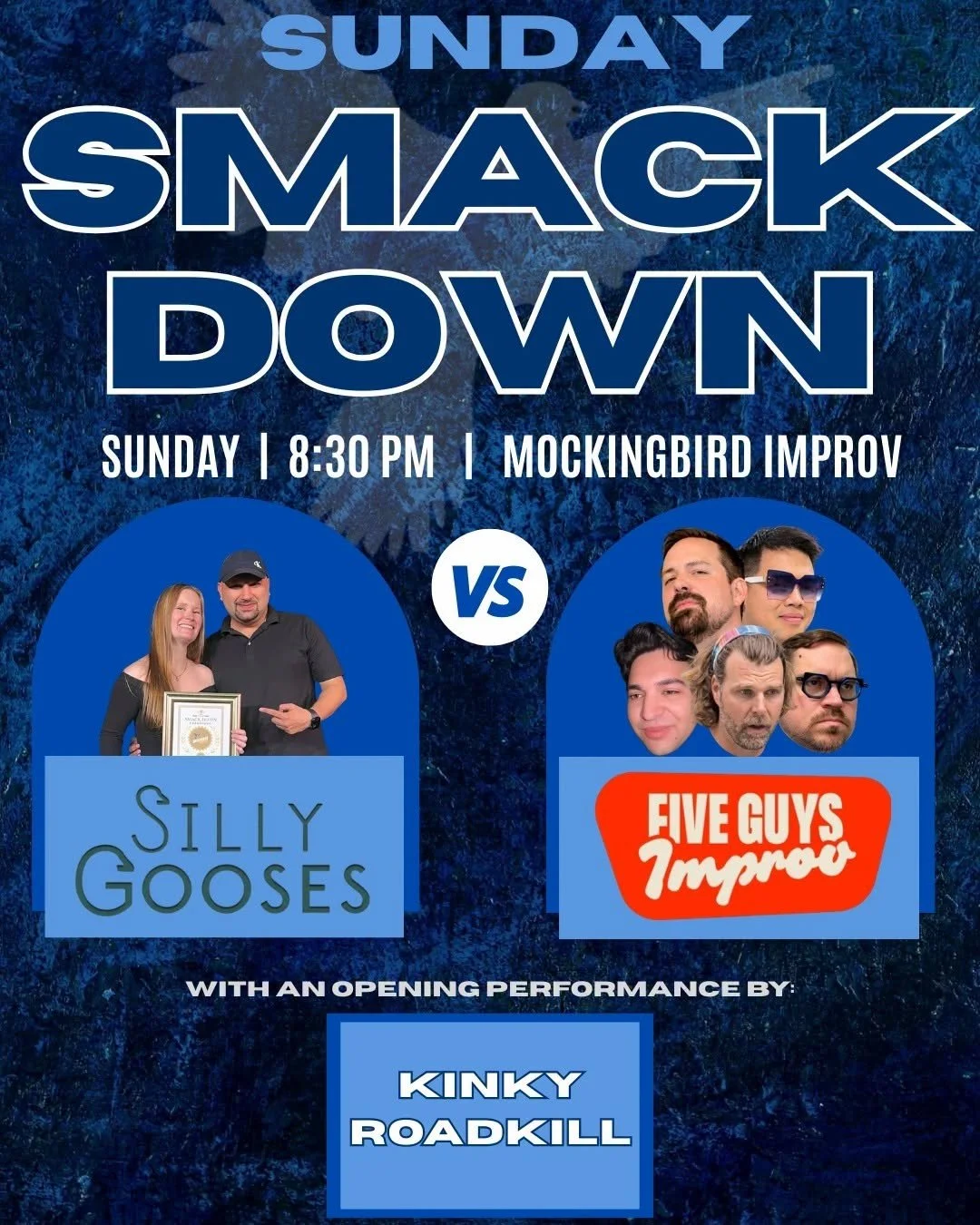 THIS SUNDAY
It might be Silly, It might be Kinky but it has Five Guys involved so COME ON DOWN!
Ticket link in bio or https://www.mockingbirdimprov.org/tickets
@sillygoosesimprov Silly Gooses Improv @fiveguysimprov @kinkyroadkill @artsdistrictliberty