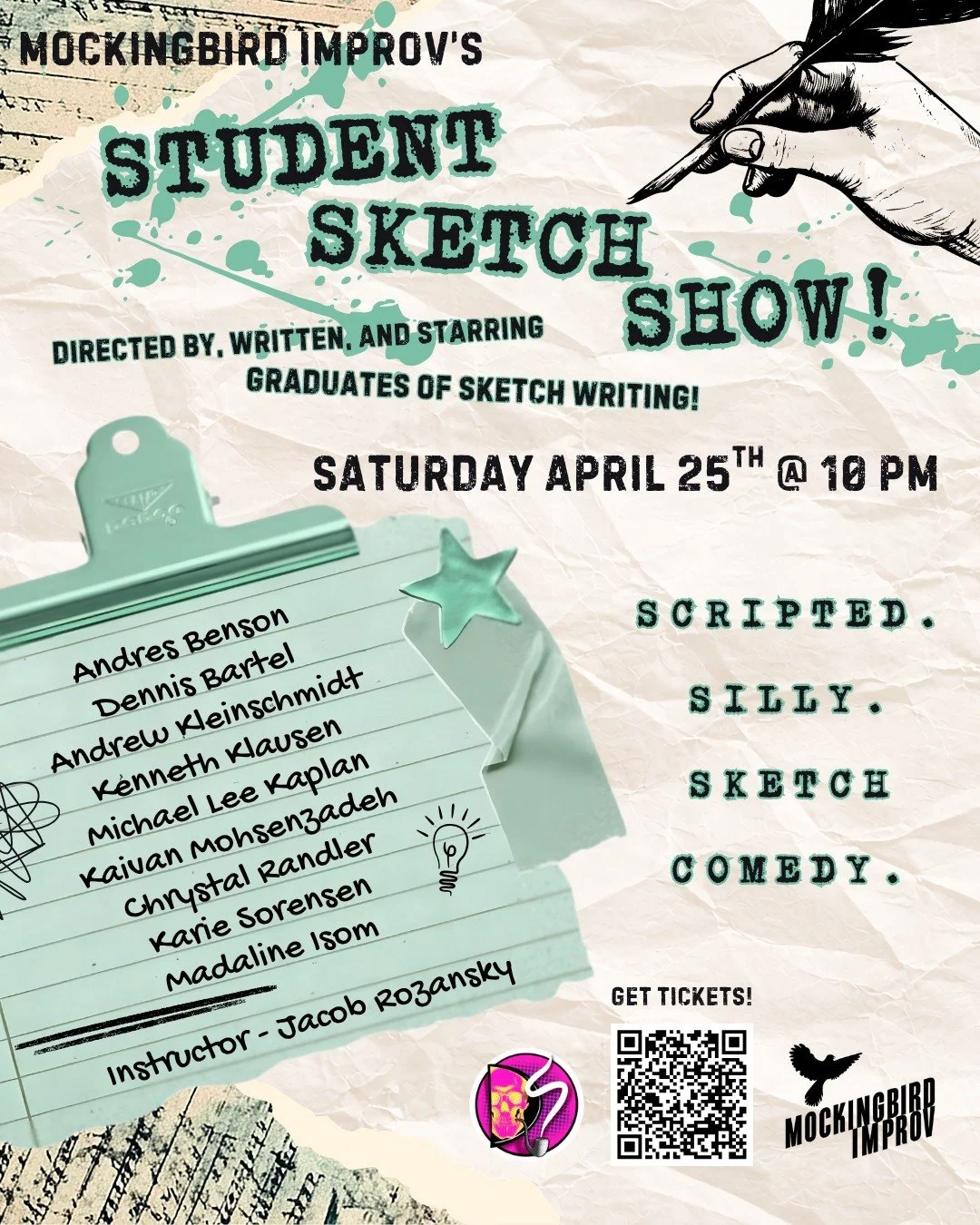 Check out the newest crop of sketch writers to come out of Mockingbird! Instrtuctor Jacob Rozansky of Dad Skeleton!
#sandiegocomedy #comedywriting #sandiegotheater #libertystationsandiego #ntcartsdistrictsandiego