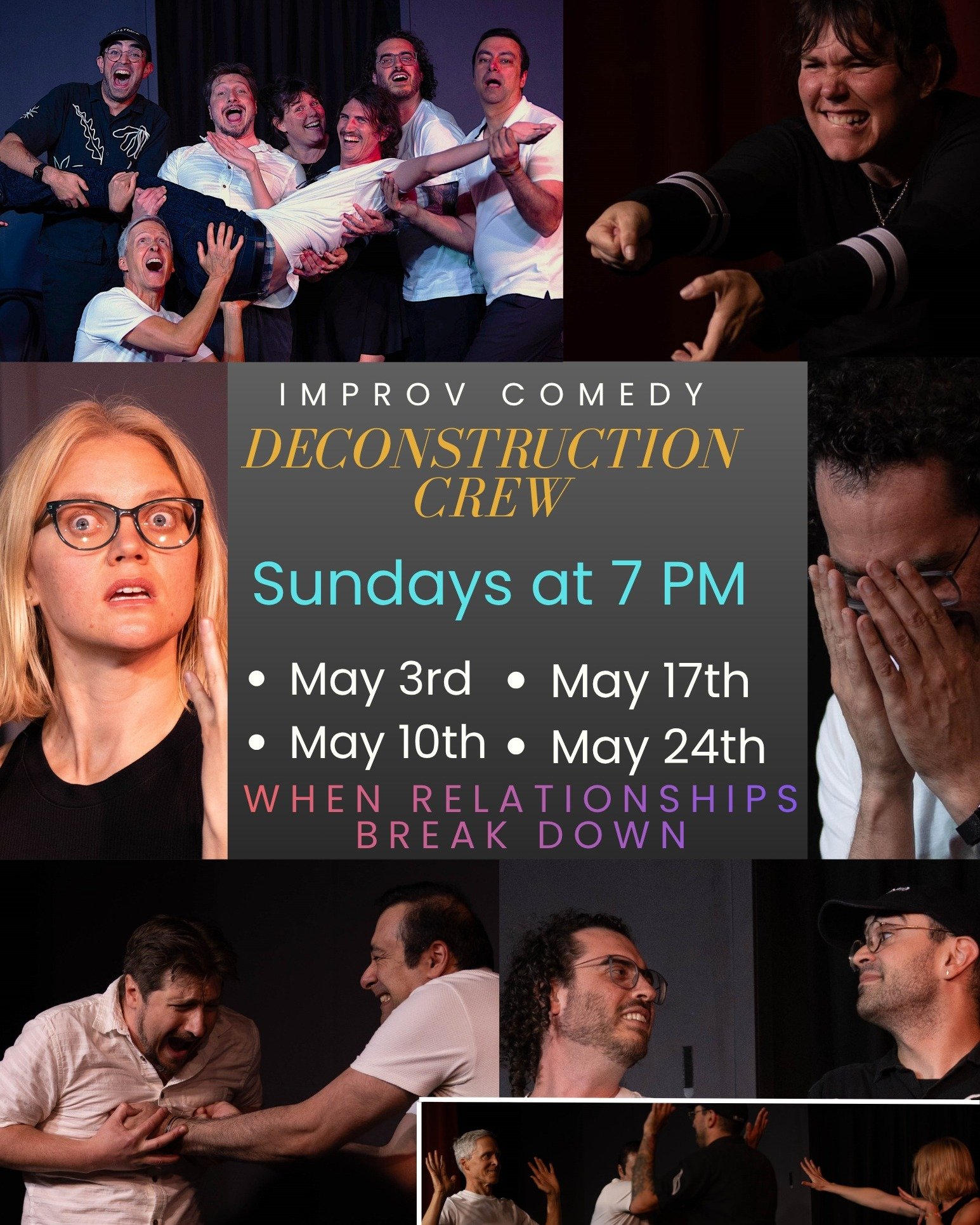 Sometimes a relationship that seems so promising just goes.... HORRIBLY WRONG. Our deconstruction experts will dissect a relationship before your very eyes!
"Clear! The Deconstruction Crew is coming through!" 
Tix at link tree!

#sundayfun 
