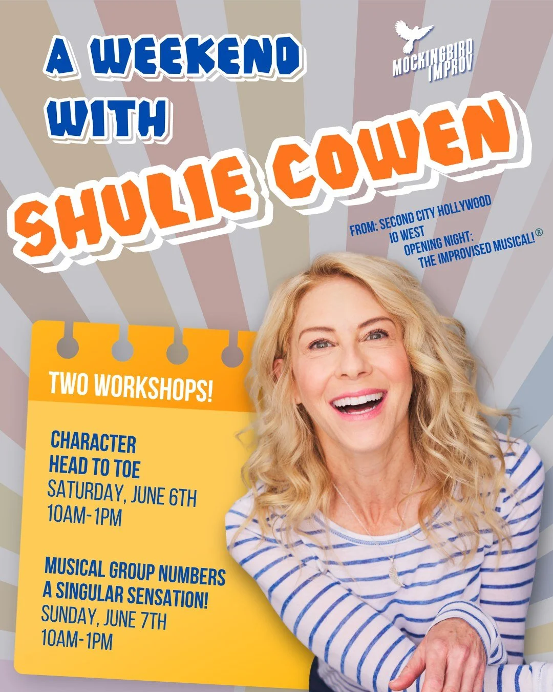 BIG NEWS - We are gettin' improv star, Shulie Cowen in June!  Sign up for one or both of her weekend workshops now. Workshops link in tree or https://www.mockingbirdimprov.org/electives! 
#sandiegoimprovclasses #shuliecowen #learnimprovskills #musica