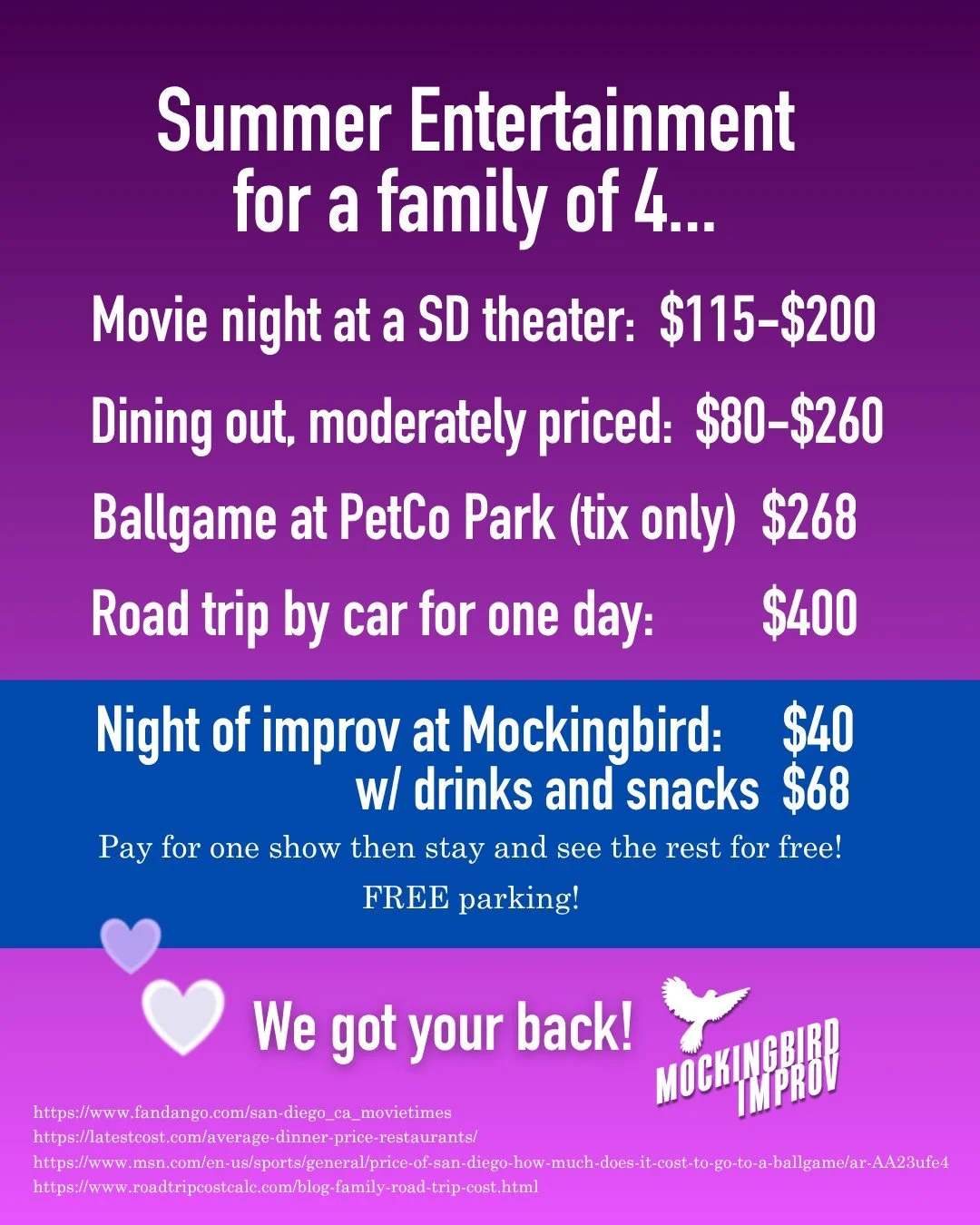 While the world seems to become too expensive to live in, Mockingbird will continue to offer affordable entertainment. We do not kick patrons out after shows- they are free to stay for the rest of the night's shows if they choose to (ask for details)